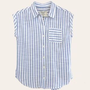 A&F Linen Cap Short Sleeve Button Up Classic Breathable Summer Shirt Blue White